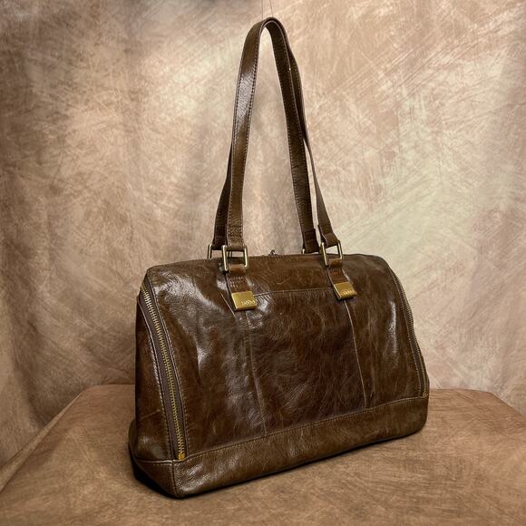 Hobo the Original Brown Leather Shoulder Bag Full Zip Paisley Lining Indie Y2K - Picture 1 of 13